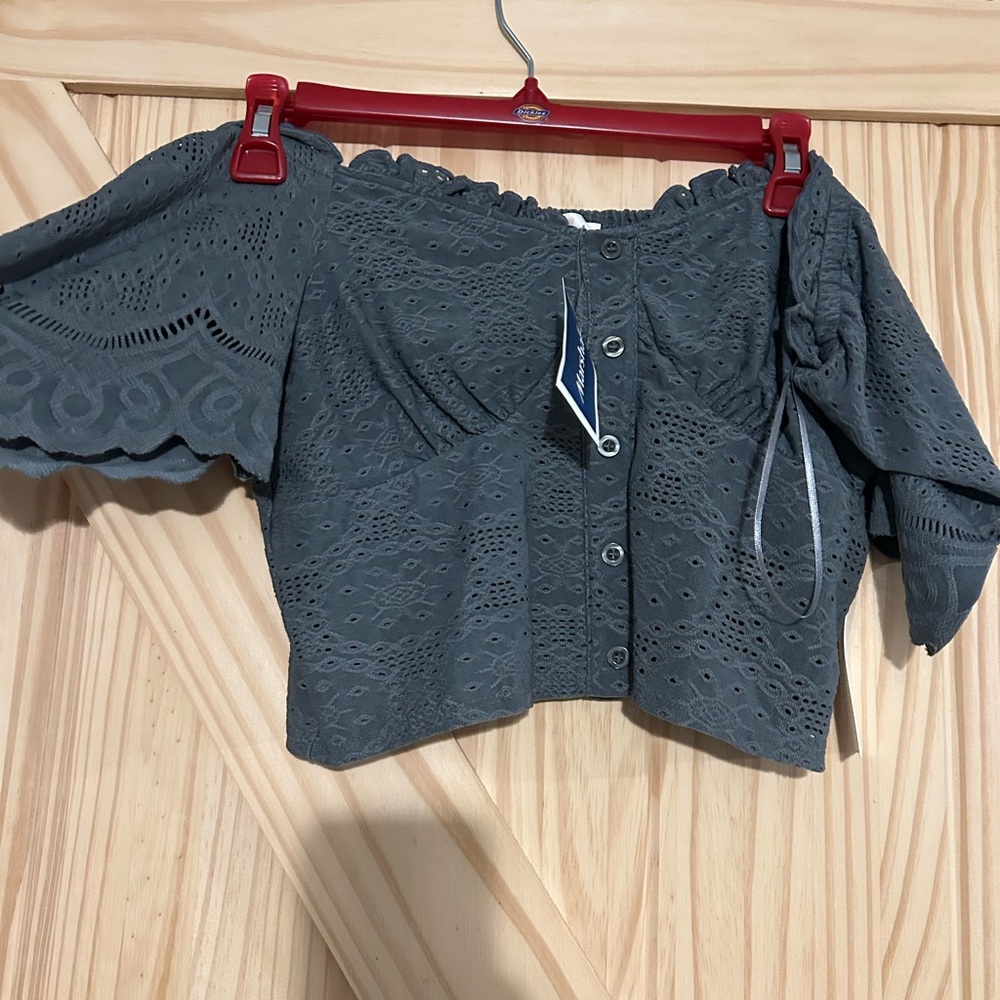 Gray Eyelet Off-Shoulder Top
